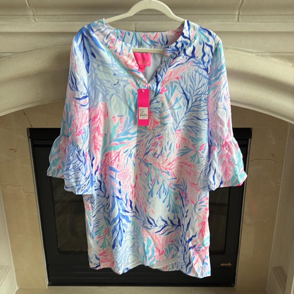 Lilly Pulitzer Elenora Silk Dress Kaleidoscope Coral Bell Sleeve M
